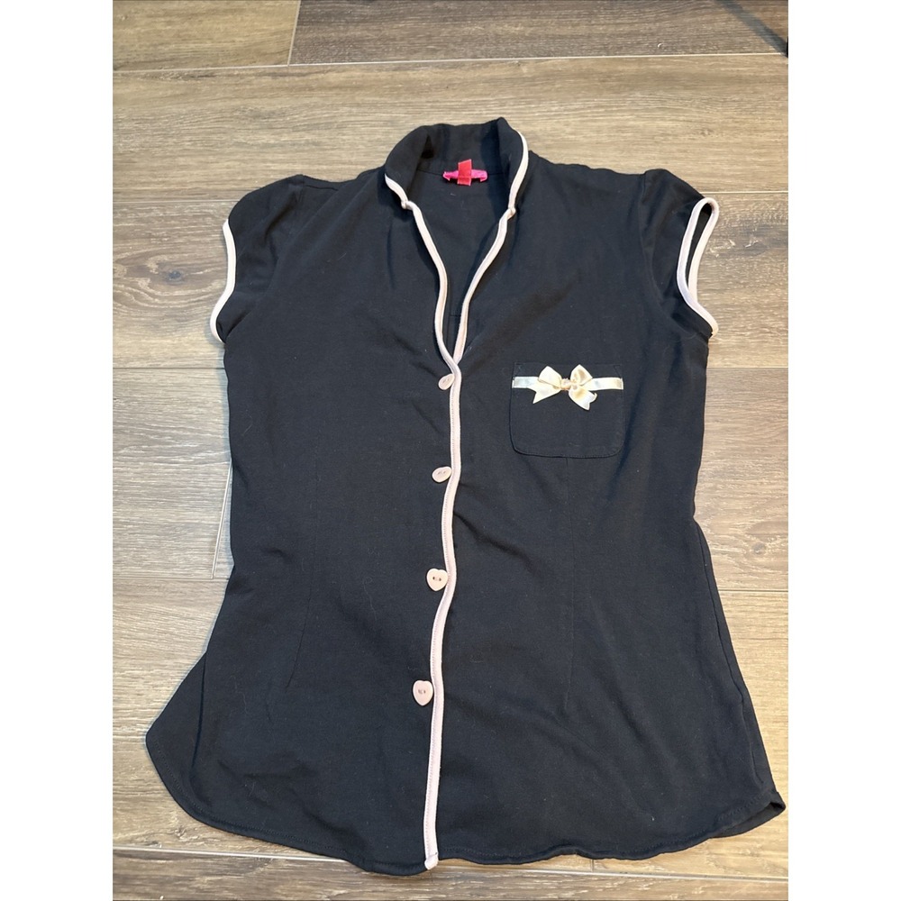 Betsey Johnson Intimates Button Front Black Whimsigoth Top Barbie  sz Small